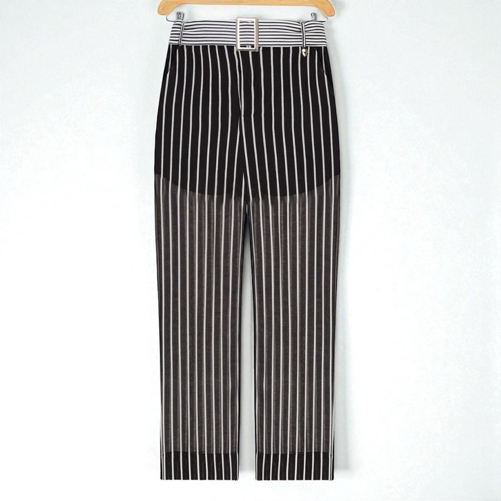 Twinset Trousers Size 6 Cotton Silk Stripe Semi‎ Sheer Lined Black White